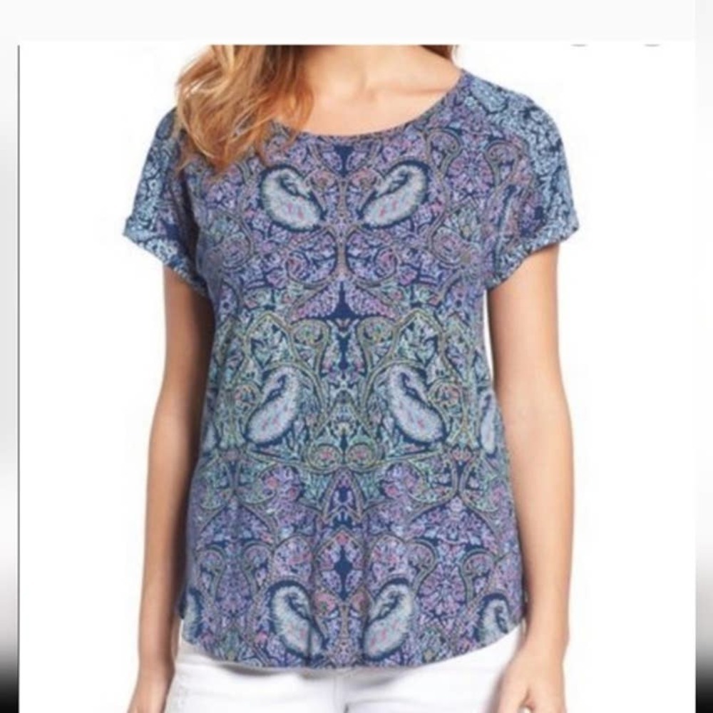 Lucky Brand Women Sz S Blue Boho Paisley Print Short Sleeve Split Back Shirt